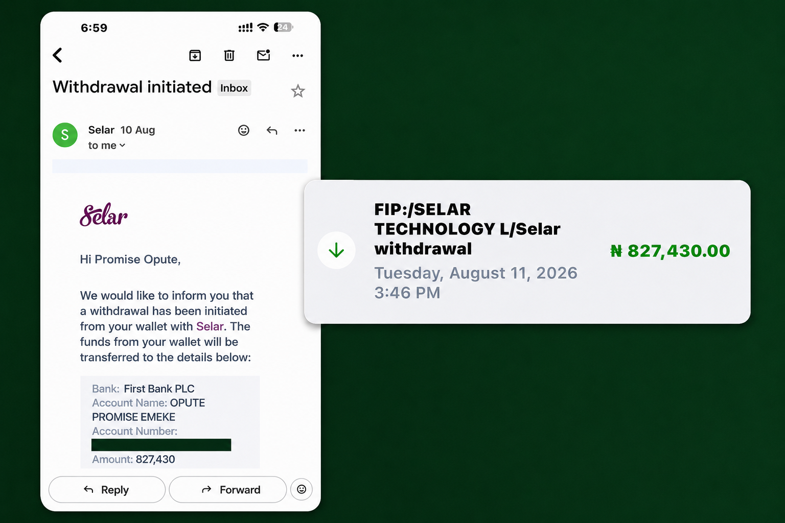 Redacted proof of an 827,430 naira withdrawal from an earlier Selar digital-product launch